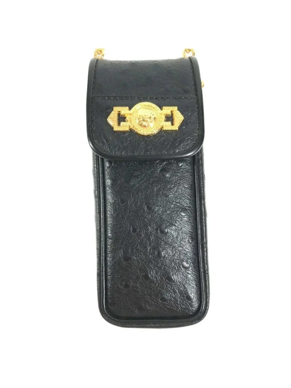 Versace Handbag Sunburst Logo Mobile Pouch Vintage Embossed Leather Black